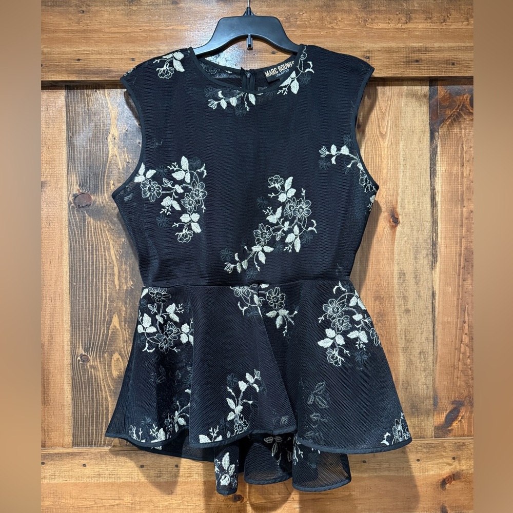 Womens SZ Lrg Floral Embroidery Mesh Peplum Blouse‎ Asymmetrical Fairy